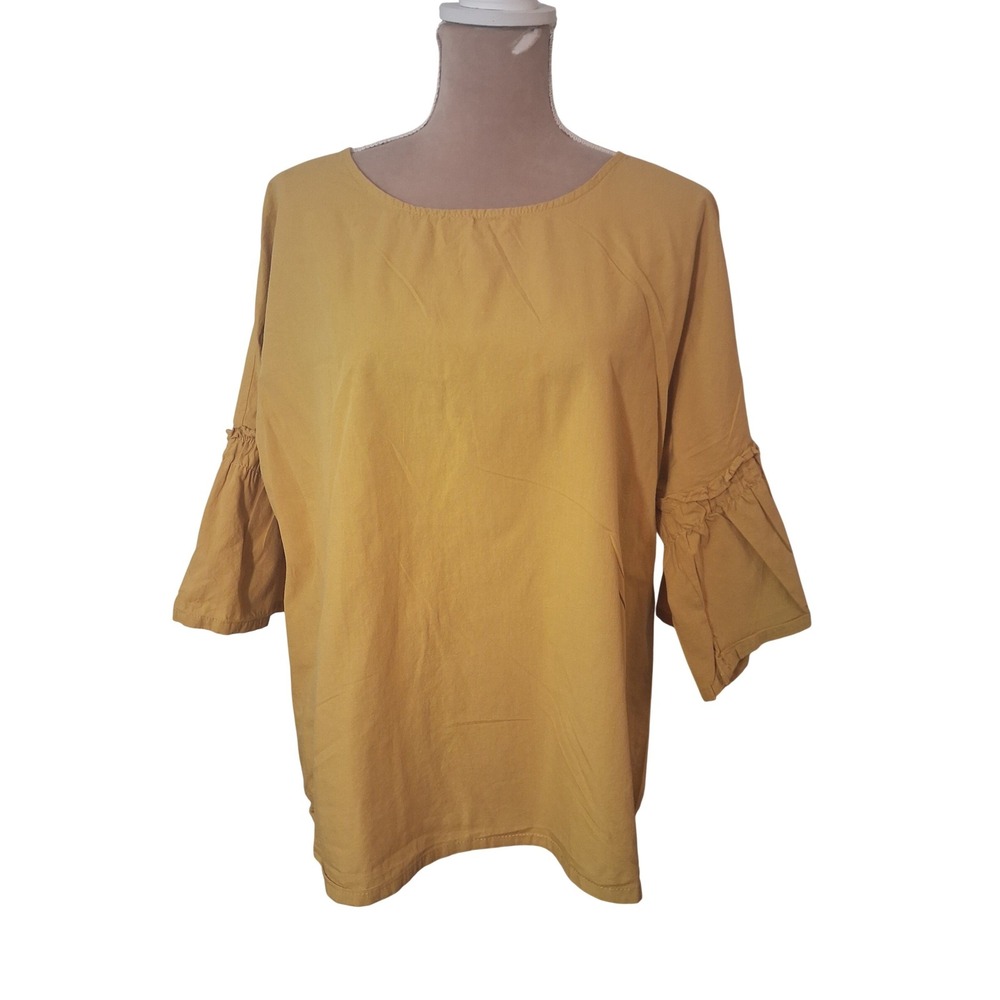 Cellabie Mustard Yellow Cotton Ruffle Bell Sleeve Button Back Blouse XL